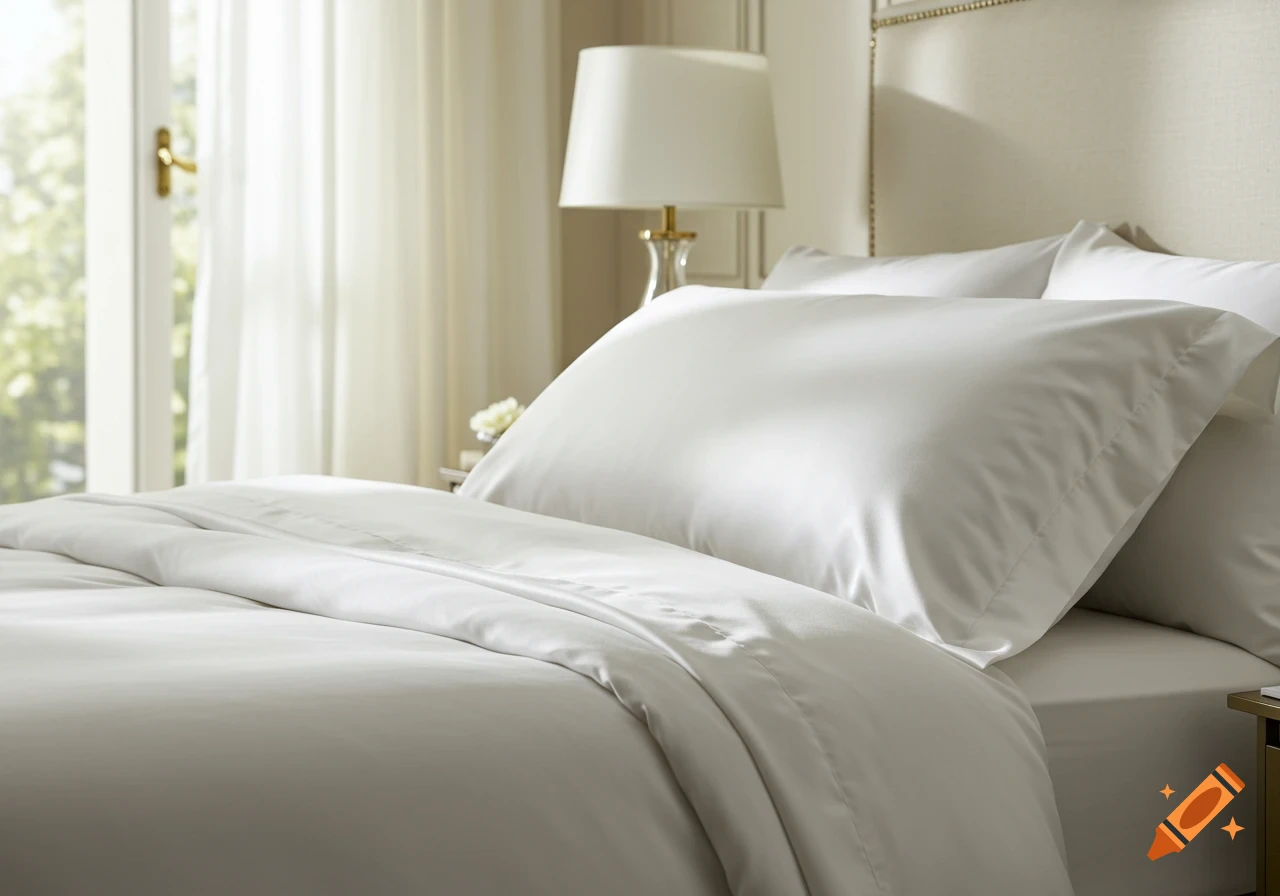A luxurious bed with white silk pillows and duvet in a bright bedroom with soft morning light.