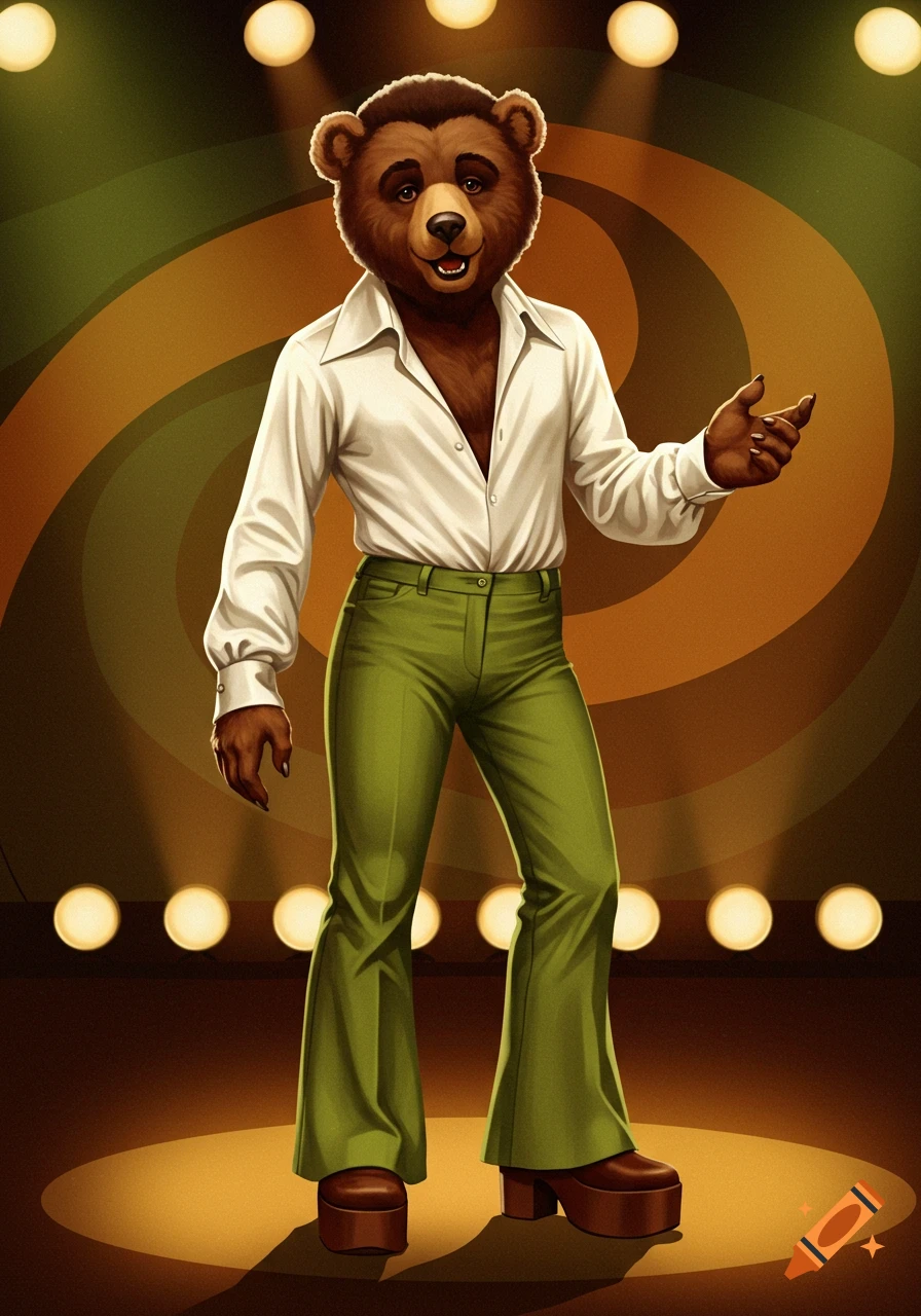A brown anthropomorphic bear dressed in a white disco shirt, green bell-bottom pants, and platform shoes stands under spotlights.