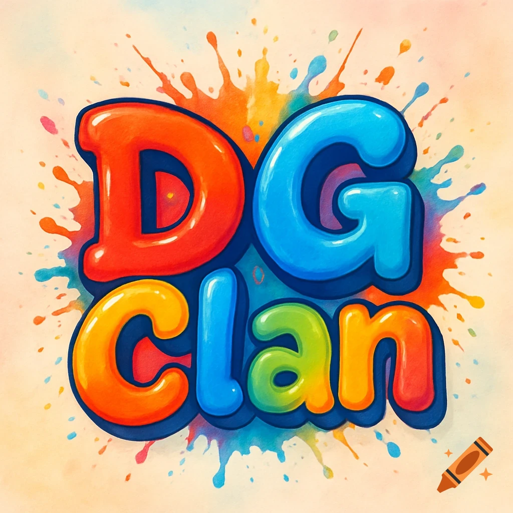 Colorful bubble letters spelling DG Clan against a paint splatter background.