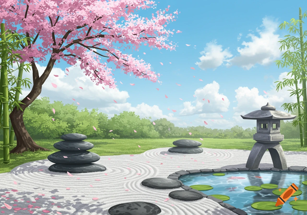 A stylized Japanese garden with a cherry blossom tree, bamboo, a pond with lily pads, a stone lantern, and raked gravel.