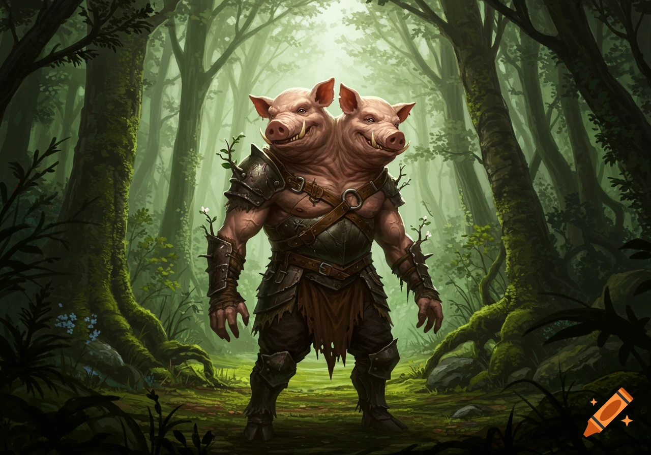 A two-headed pig man wearing armor stands in a mystical, lush green forest.