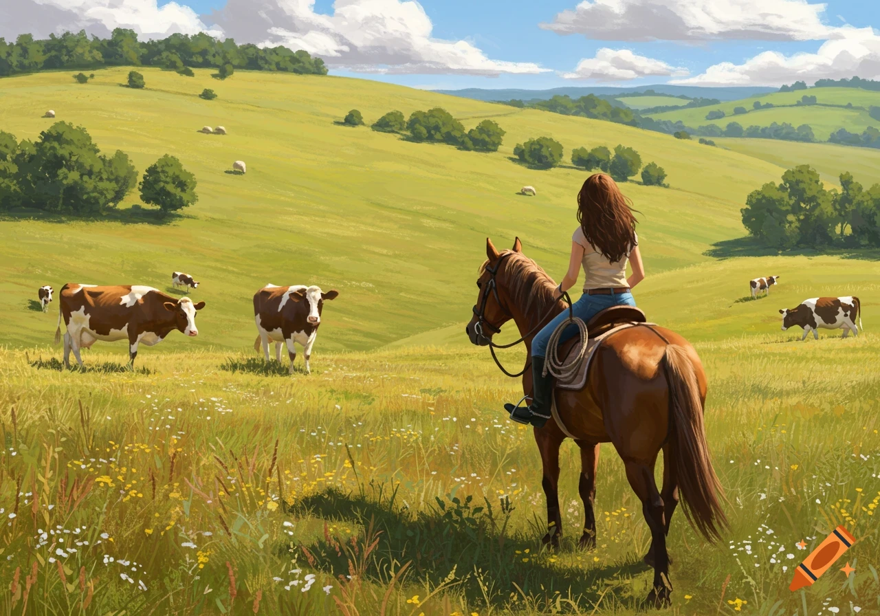 A brunette woman rides a horse through a green, hilly pasture with brown and white cows grazing under a blue sky with clouds. Digital painting style.