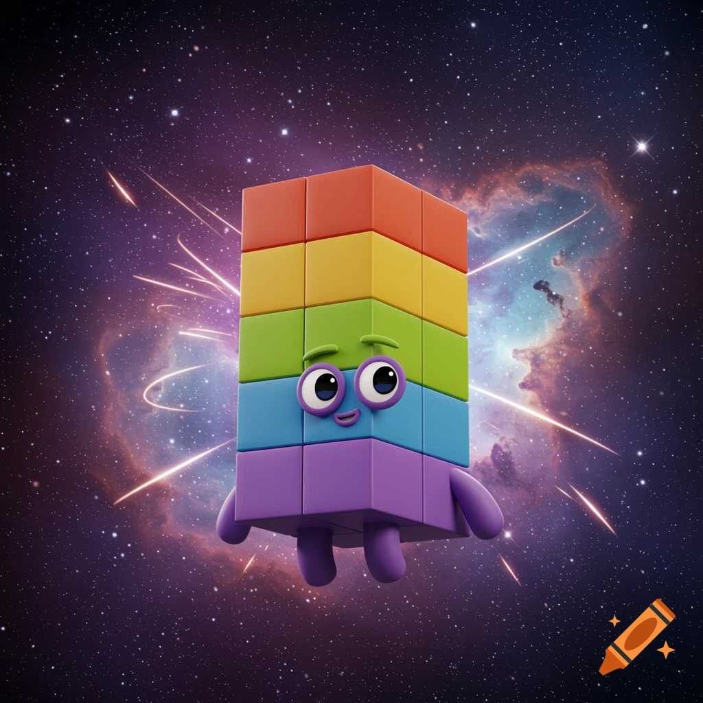 A colorful, block-stacked cartoon character with eyes and limbs floats in a starry nebula space.
