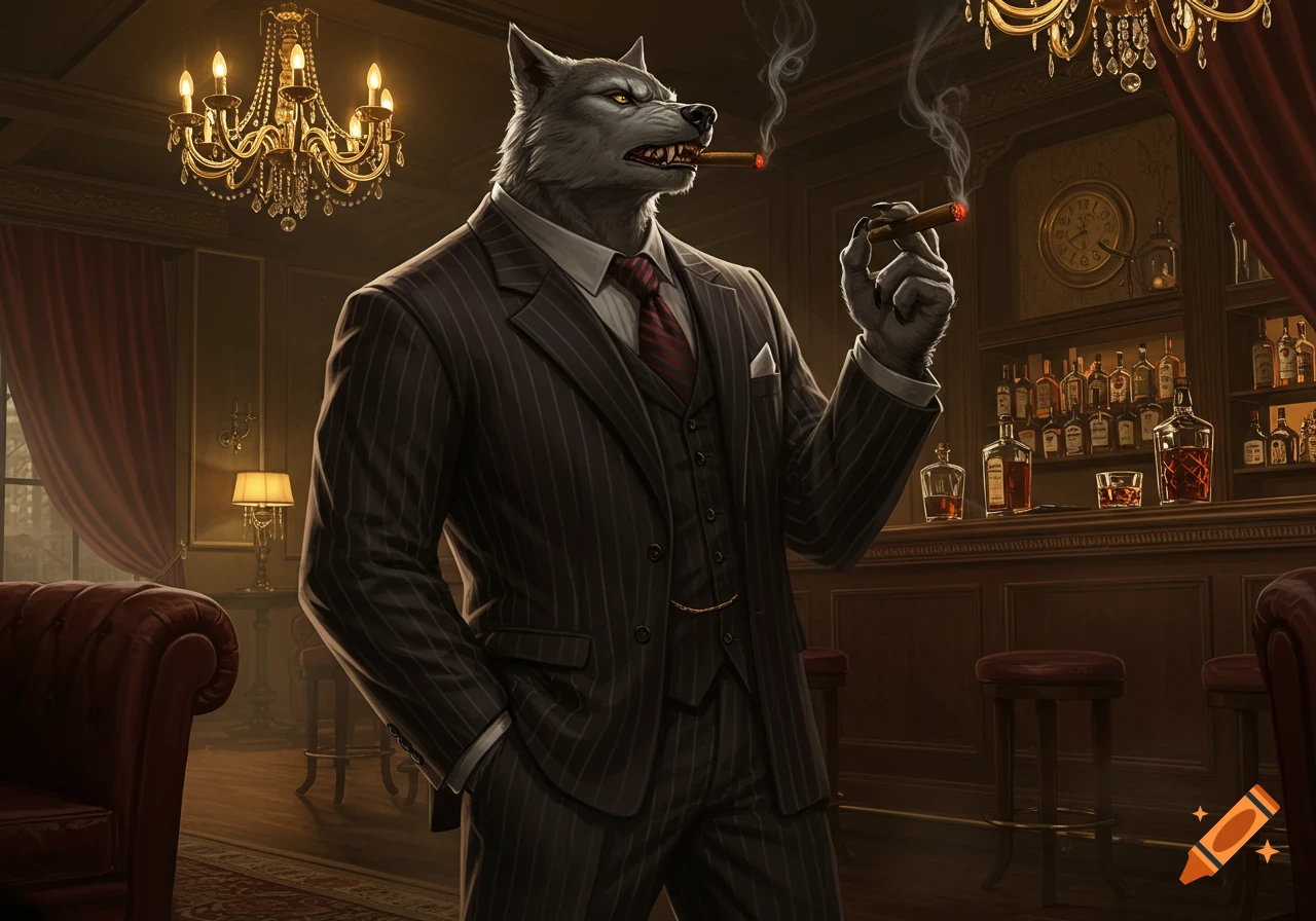 A grey werewolf in a pinstripe suit and tie, smoking a cigar in a dimly lit, luxurious lounge with chandeliers and a bar.