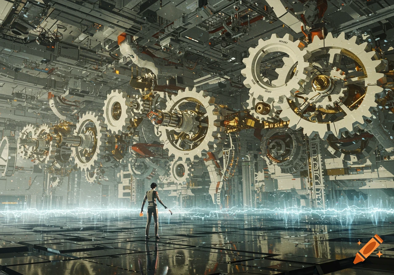 A person stands on a reflective floor with glowing energy lines, looking up at a vast, intricate futuristic structure of massive gears and machinery. Sci-fi art.