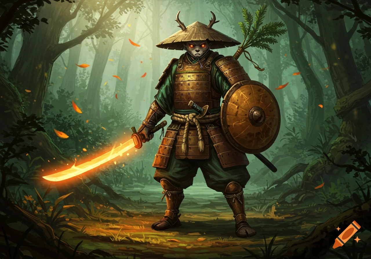 An anthropomorphic samurai warrior with antlers on its hat, holding a glowing sword and shield in a mystical forest.