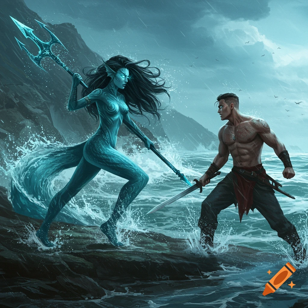 A blue-skinned, long-haired water creature with a trident battles a muscular man with a sword on a stormy, rocky shoreline.