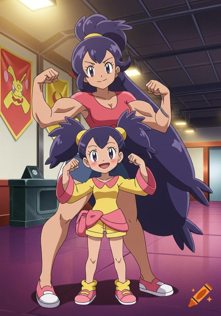 Anime image of Iris's mom and Iris from Pokémon flexing their muscles in a gym.