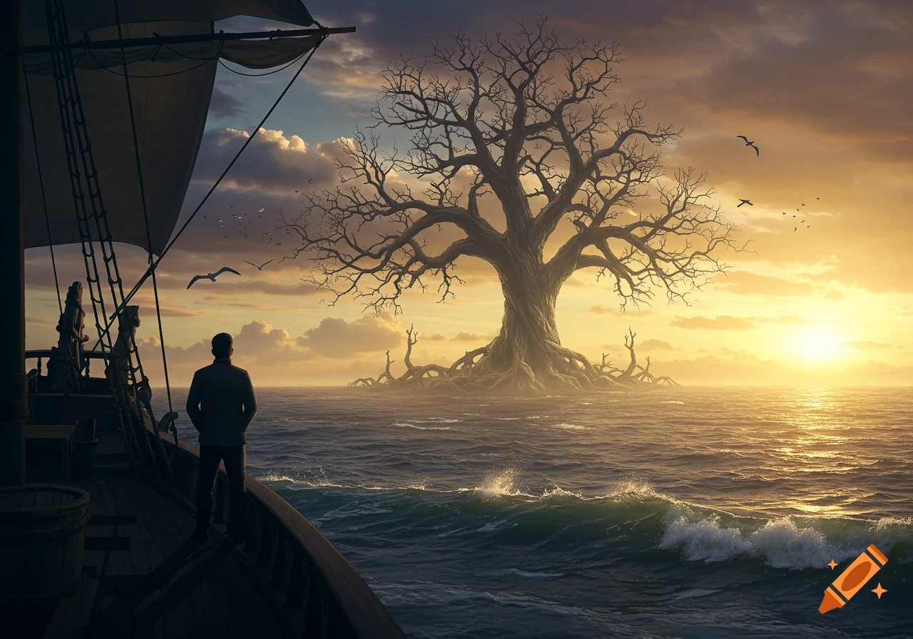 A man on a sailing ship gazes at a colossal, gnarled tree rooted in the ocean under a golden sunset sky.
