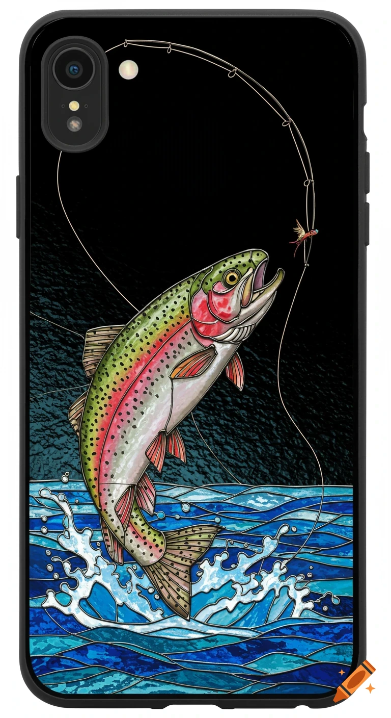 Stained glass style rainbow trout jumps for a fly fishing lure against a black background, on an iPhone case.