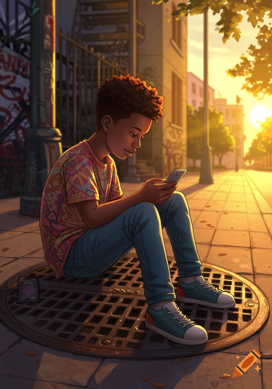 Illustrated young Black boy sitting on a manhole cover, looking at his phone on a golden lit city street at sunset.