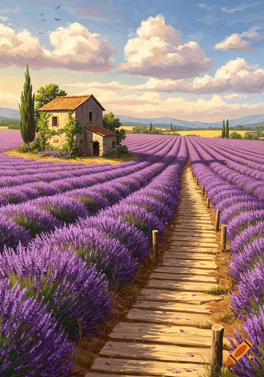 Vibrant painting of a rustic stone house in a sprawling lavender field with a wooden path under a cloudy blue sky.