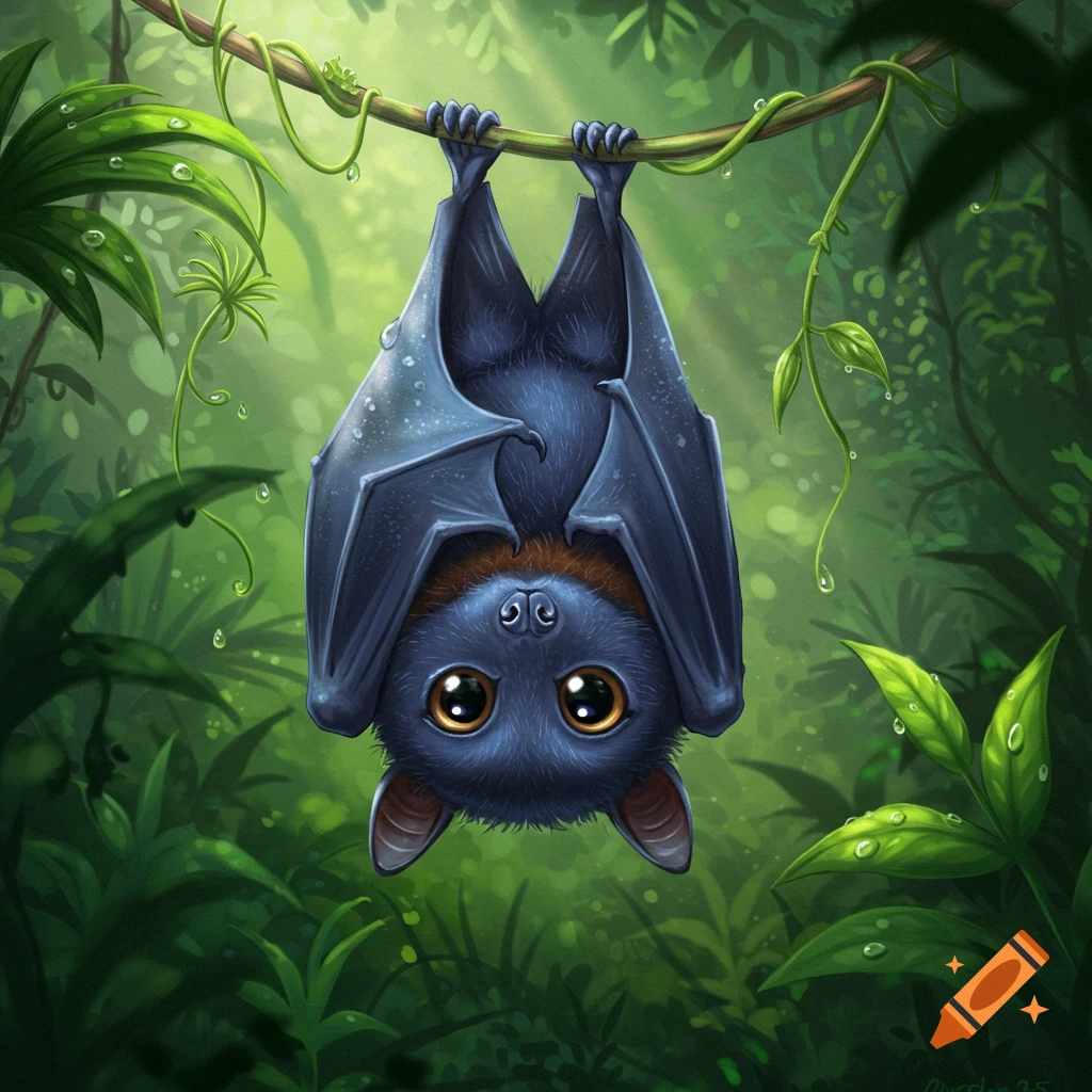 A cute cartoon bat with large eyes hangs upside down from a vine in a lush green jungle with water droplets.