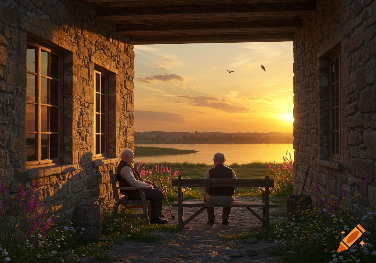 Two elderly men sit on benches, facing a vibrant orange sunset over a wide river, framed by a stone building.