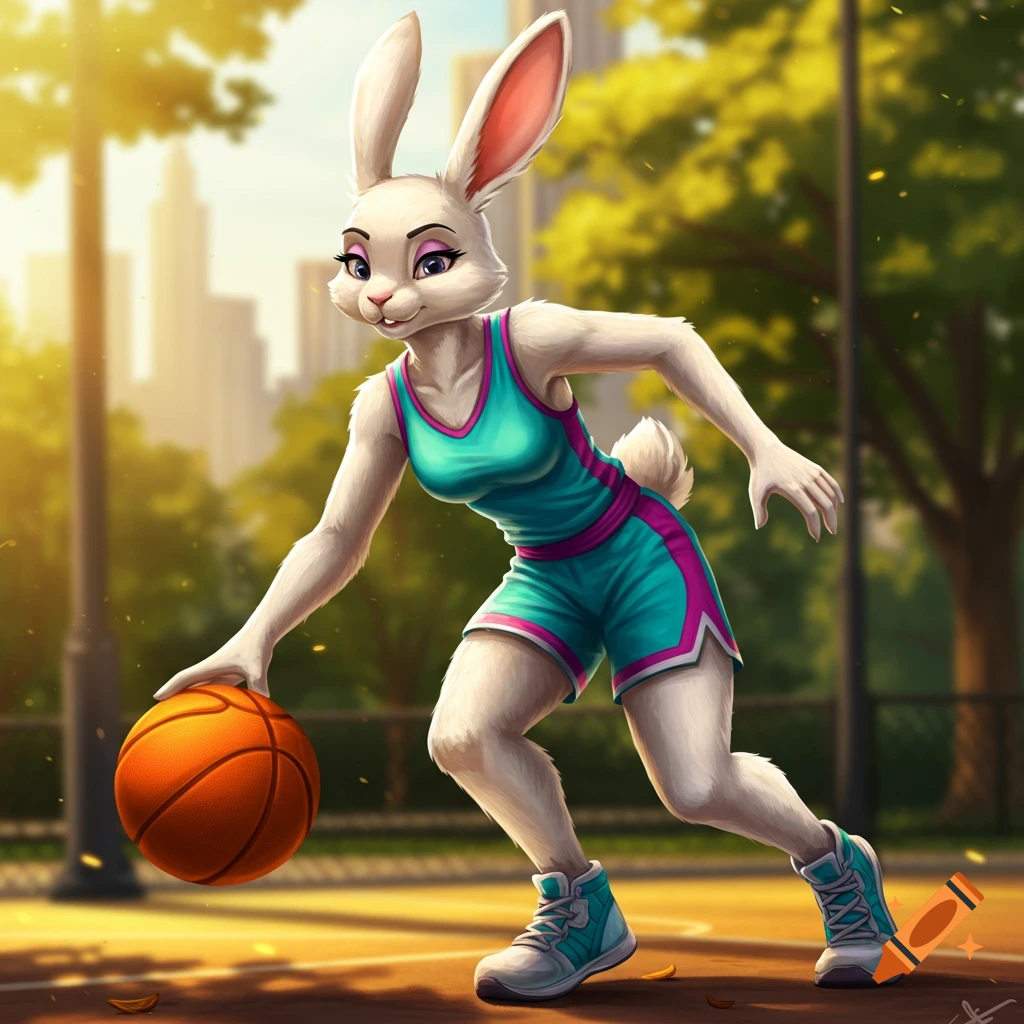 A female anthropomorphic cartoon rabbit in sportswear dribbling a basketball on an outdoor court.
