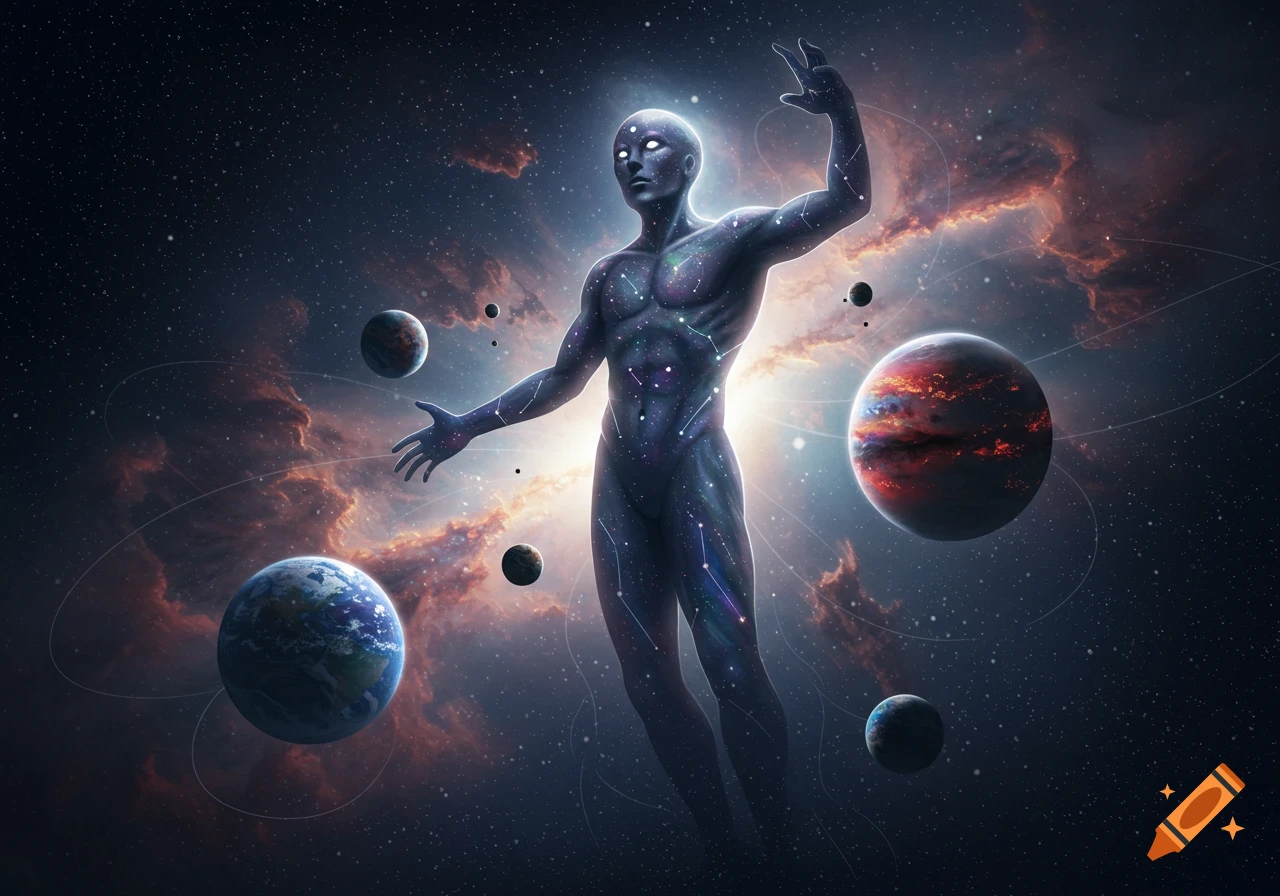 A cosmic humanoid figure with a starry body and glowing eyes floats in space, surrounded by planets and nebulae.