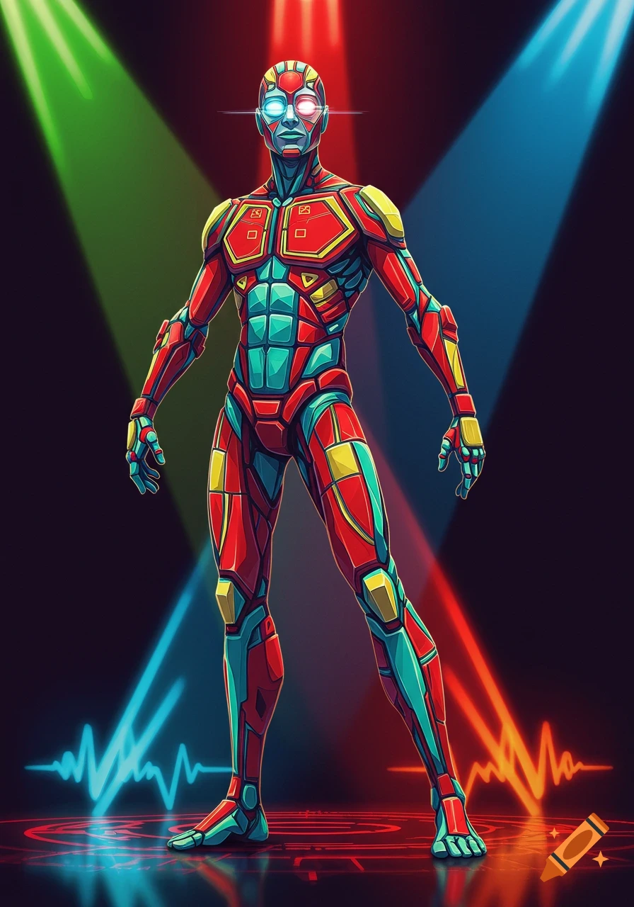 A vibrant, stylized robot-like character in red, blue, green, and yellow standing under colorful spotlights with glowing floor patterns.