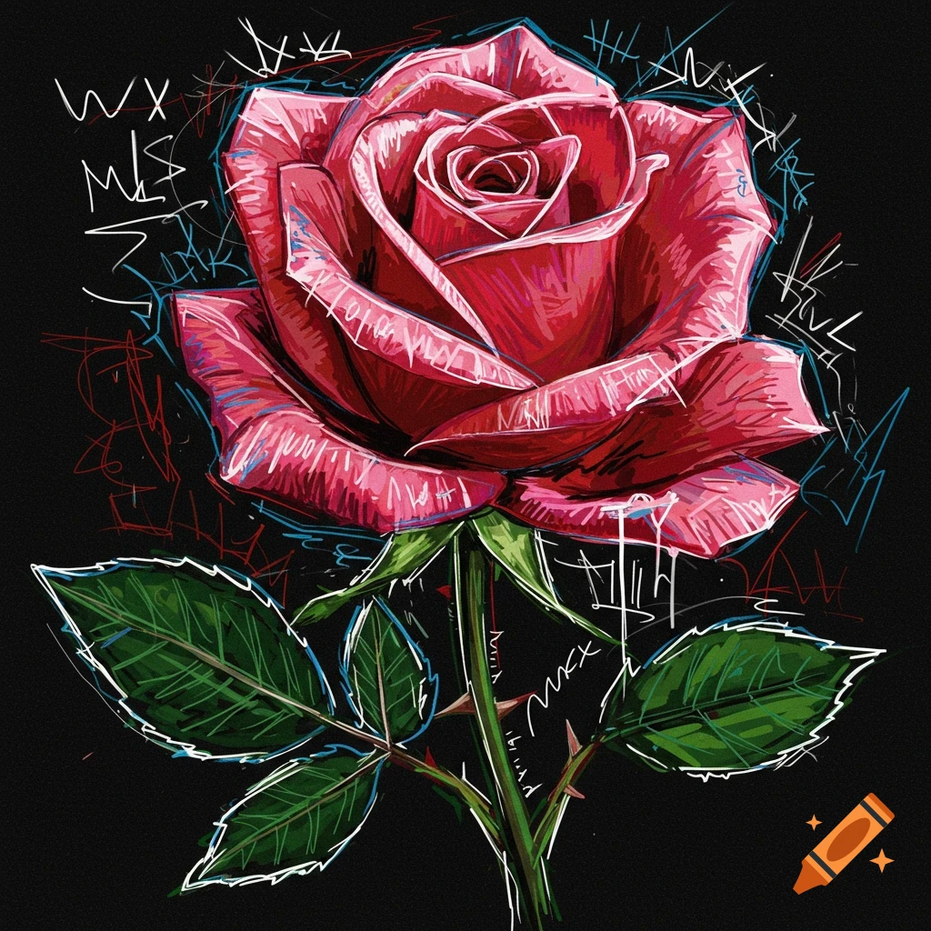A vibrant red rose with green leaves and stem, depicted in a raw, energetic Basquiat-style illustration with abstract white, blue, and red scribbles on a black background.