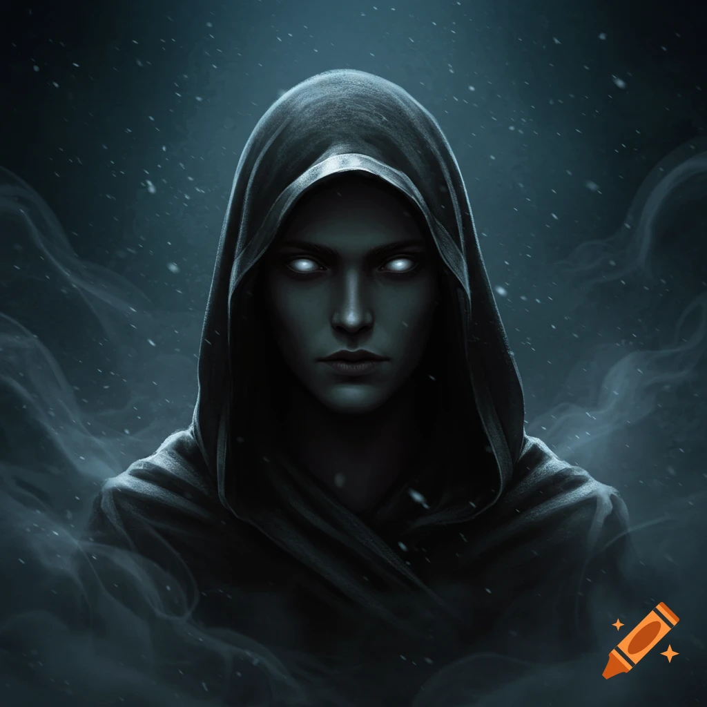 A close-up portrait of a mysterious hooded figure with glowing white eyes in a dark, snowy, misty environment.