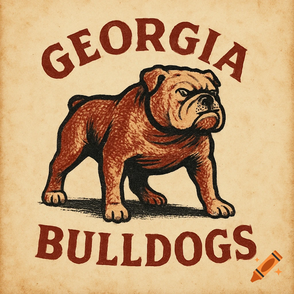 Vintage logo of a brown bulldog with the text 'GEORGIA BULLDOGS' on an aged paper background.