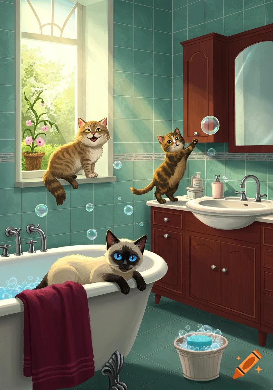 Cartoon illustration of three cats in a sunny bathroom, one in a bubble bath, one on a window sill, and one playing with bubbles.