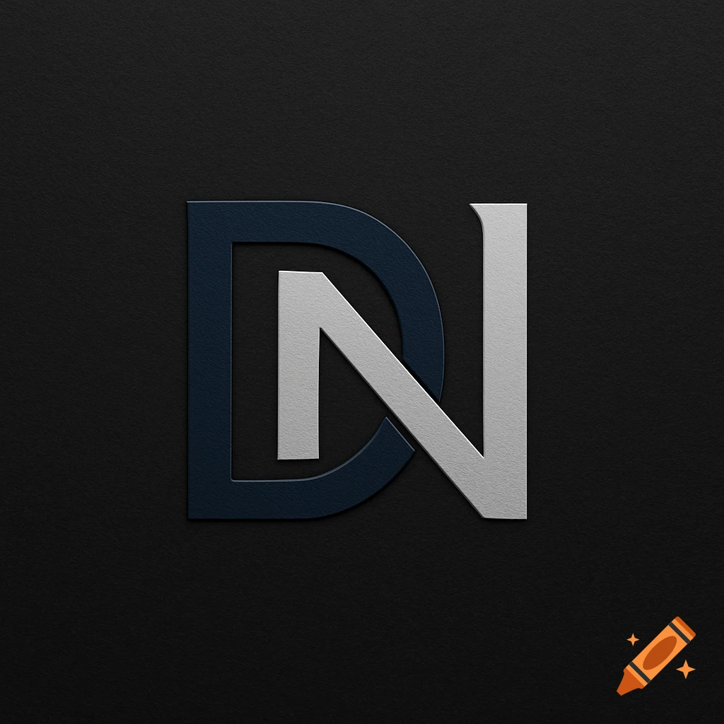 Modern logo with intertwined blue letter D and silver letter N on a dark textured background.