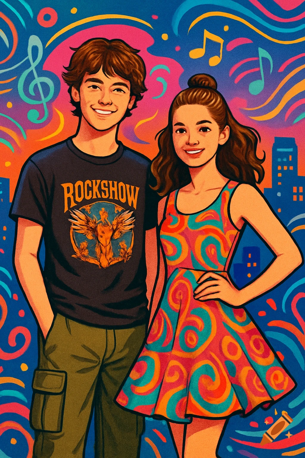 Cartoon illustration of a smiling boy and girl with a colorful, music-themed background and city buildings.