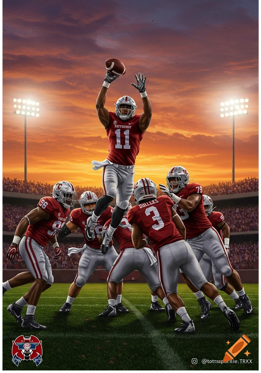 A football player in a red and white uniform leaps high to catch a football, surrounded by other players on a field under a dramatic sunset sky with stadium lights.