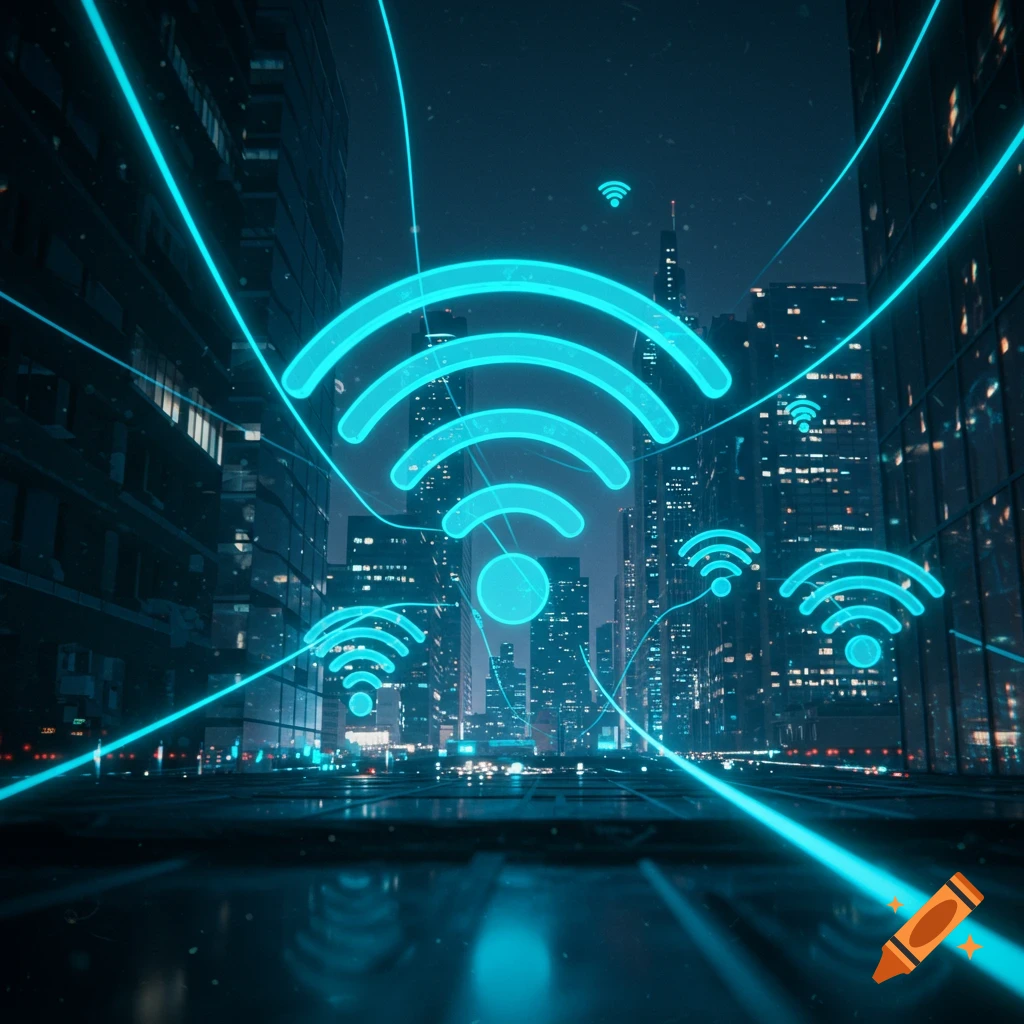 Glowing blue WiFi symbols and lines overlay a dark, modern cityscape at night.