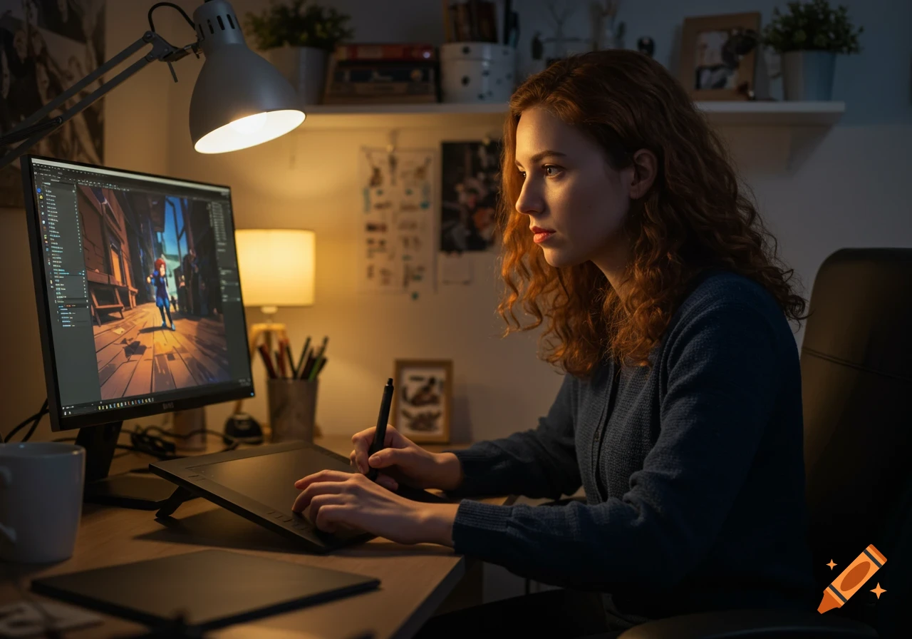 Young woman with red curly hair works on an animation project at a desk, using a graphics tablet and stylus, illuminated by a desk lamp.