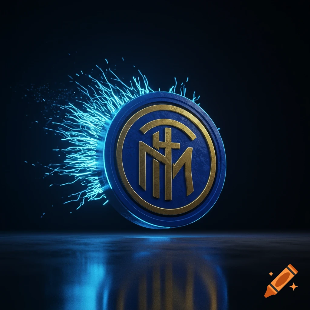 Futuristic blue and gold Inter Milan logo with glowing blue energy on a dark, reflective surface.
