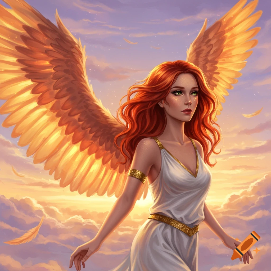 A red-haired female angel with large amber wings and green eyes, wearing a white dress, stands against a beautiful sunset sky with clouds.