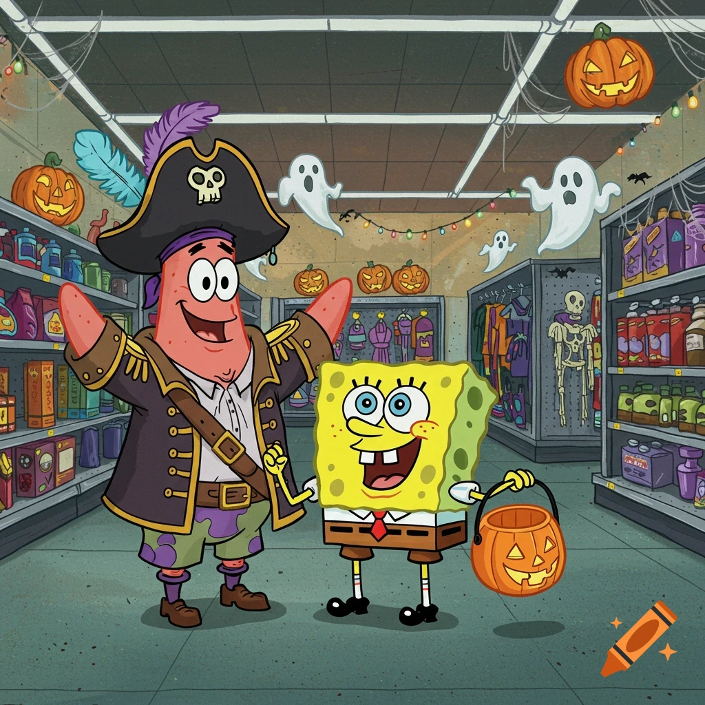 SpongeBob and Patrick Star in a Halloween store. Patrick is dressed as a pirate, and SpongeBob holds a pumpkin basket.