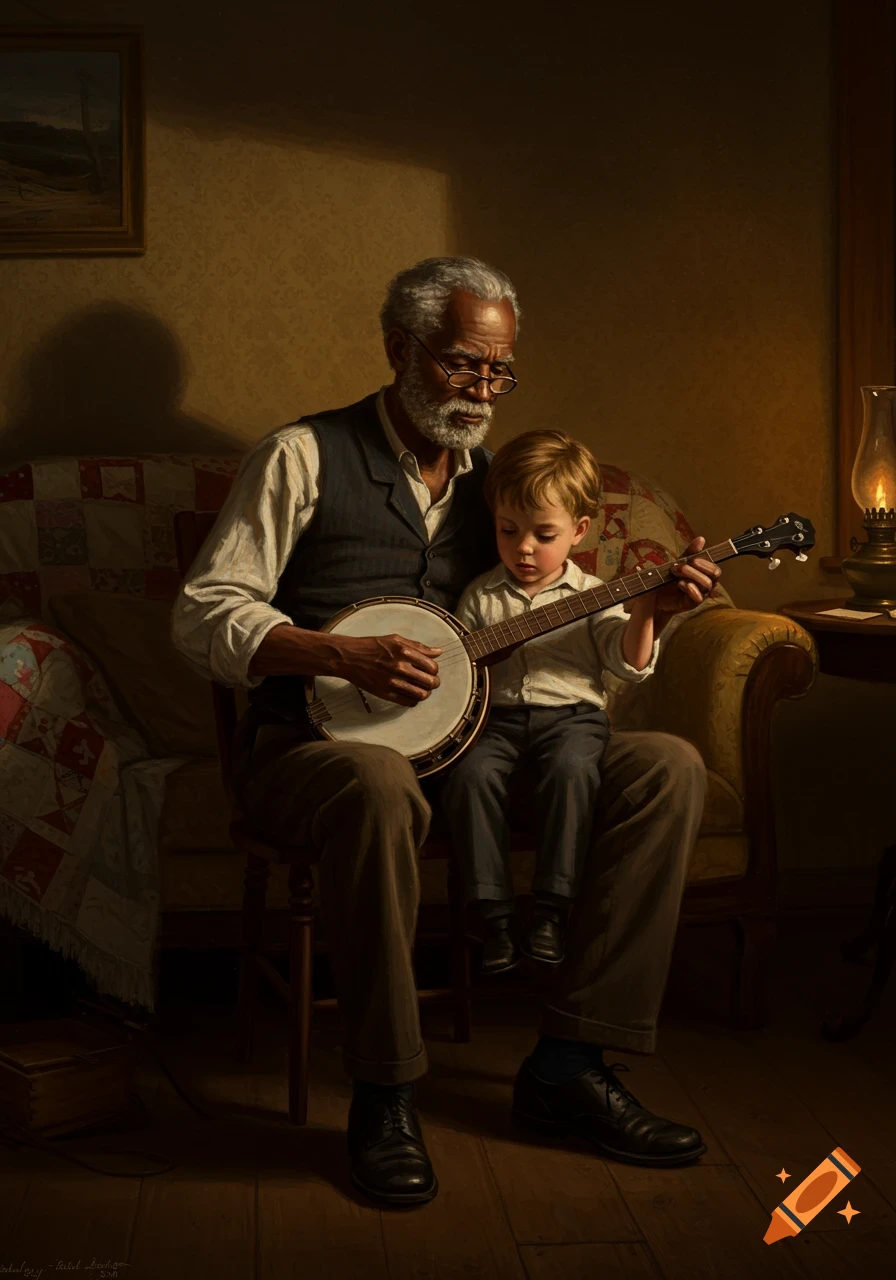 A gray-haired man teaches a young boy to play the banjo in a dimly lit, cozy room. Painterly style.