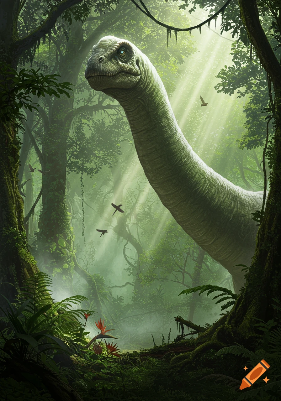 A majestic long-necked dinosaur stands in a misty, sun-dappled jungle with birds flying in the background. Photorealistic style.
