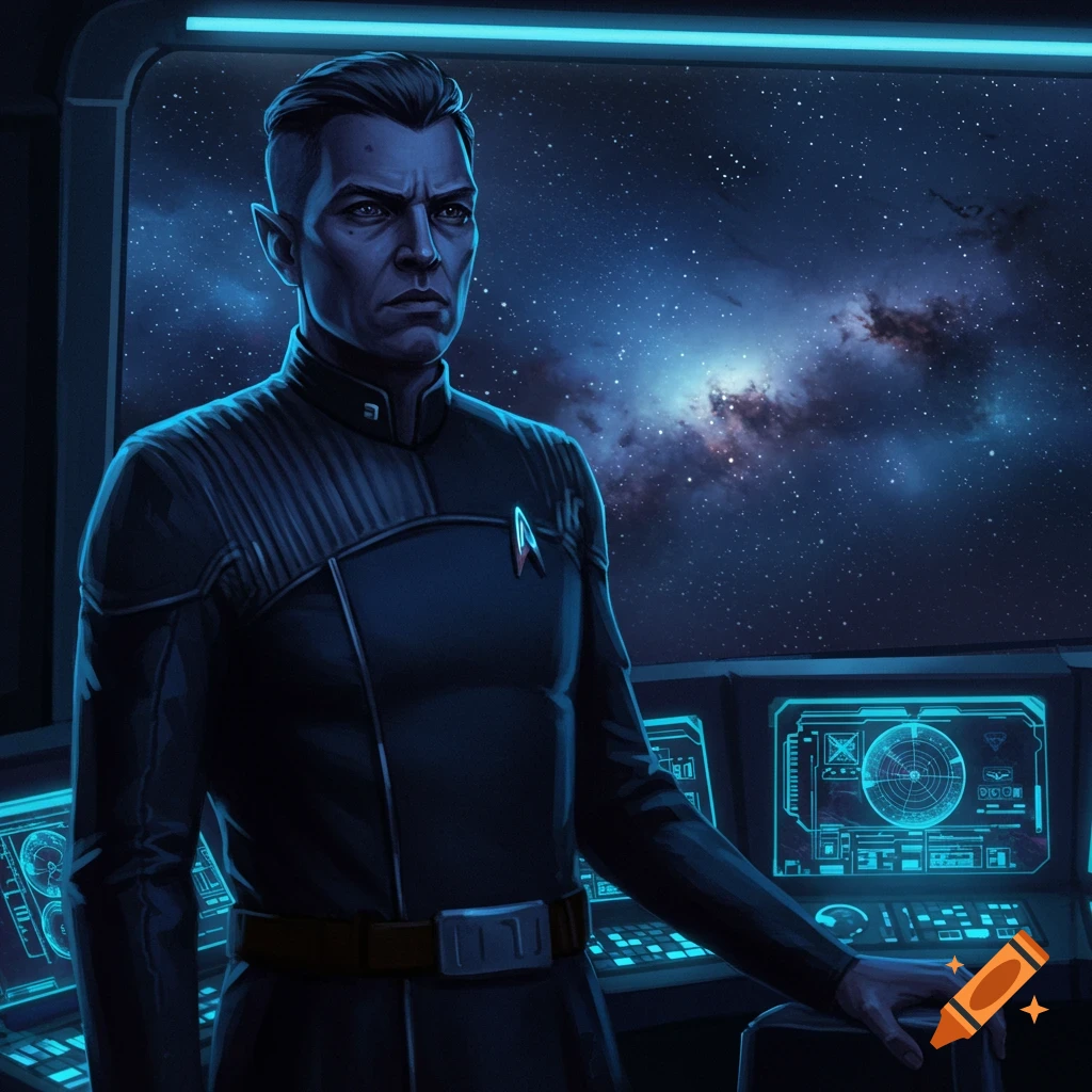 A stern man with pointed ears in a dark blue sci-fi uniform stands on a spaceship bridge overlooking a starry nebula.