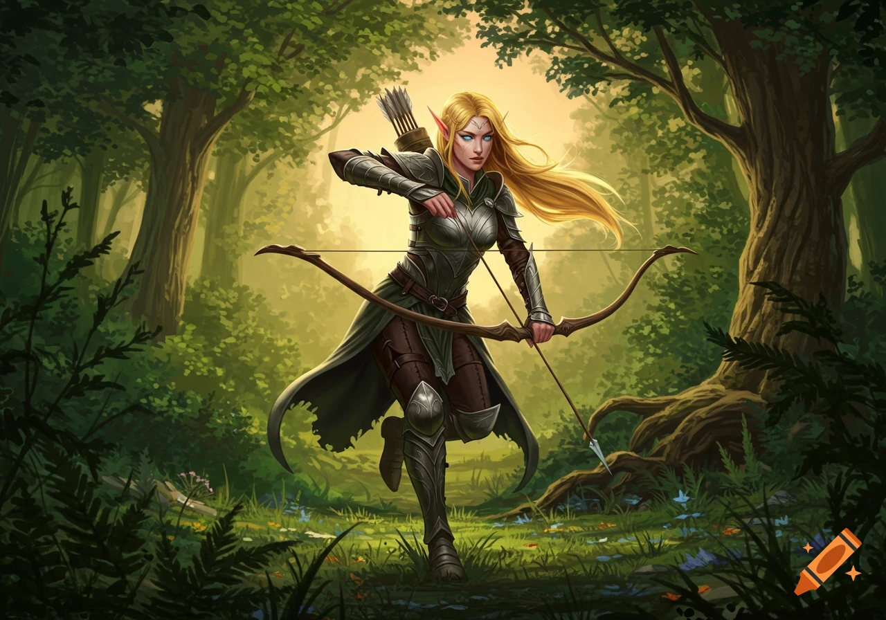 A blonde elf archer in armor aims her bow in a sunlit forest. Fantasy art.