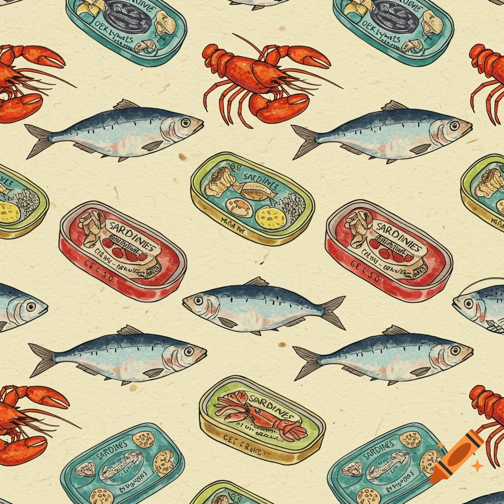 A whimsical hand-drawn seamless pattern of fish, red lobsters, and colorful sardine tins on a textured background.
