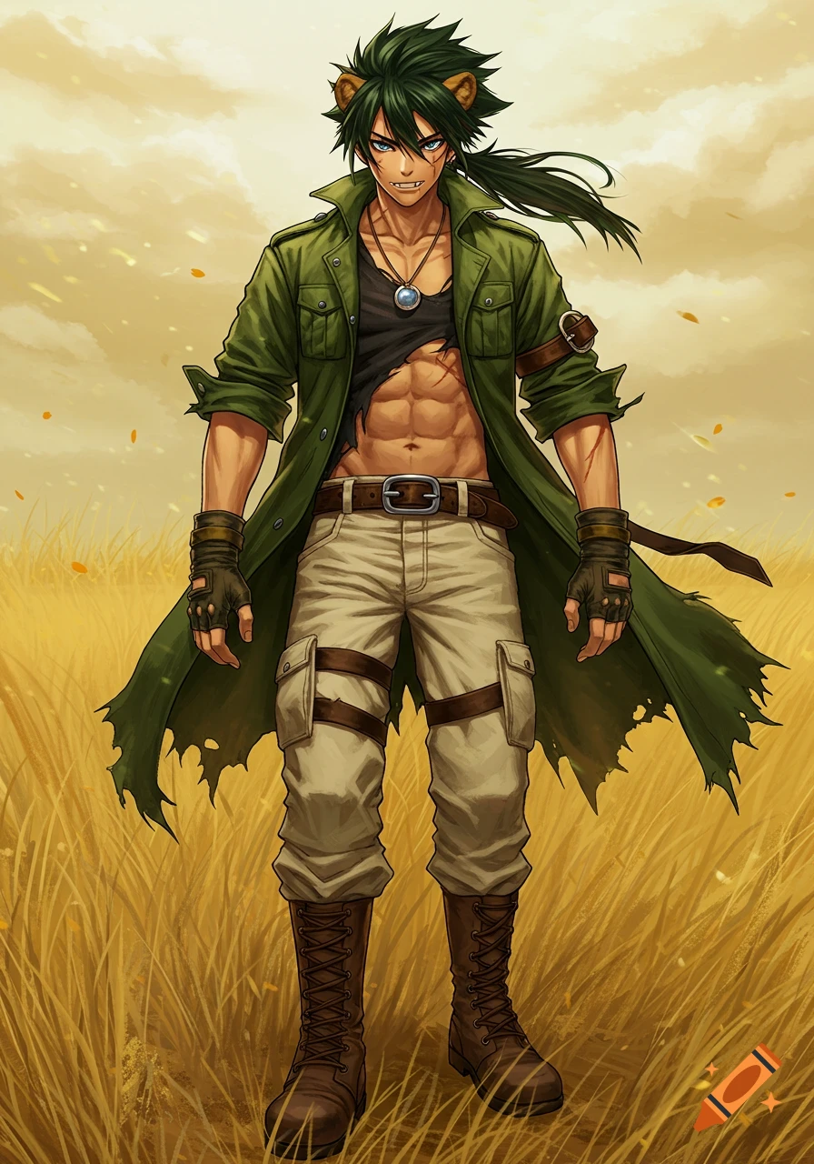 Anime boy with green spiky hair, lion ears, fangs, and scars, wearing a green coat and ripped shirt, standing in a field.