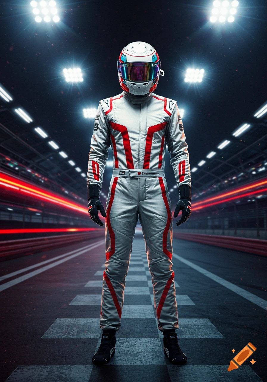 Full body shot of a race car driver in a white and red suit and helmet standing on a track under bright lights with motion blur.