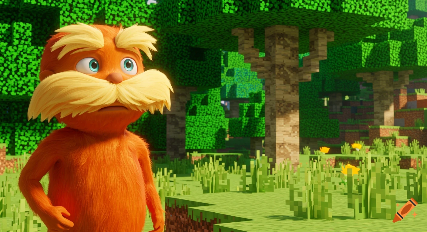 The Lorax character, looking concerned, stands in a blocky Minecraft forest with trees and grass.