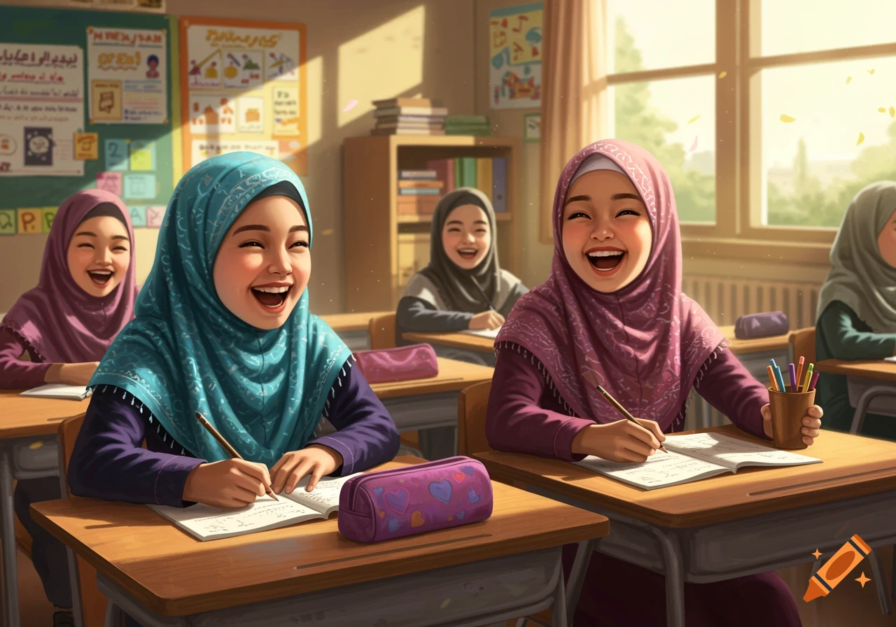 Two happy young girls in hijabs smiling and writing at desks in a sunny classroom, with other students in the background.