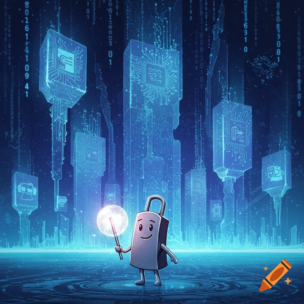 A smiling, cartoonish padlock character holds a glowing orb on a stick, standing on a digital circuit ground. In the background, translucent buildings made of circuits and binary code rise into a blue digital sky.