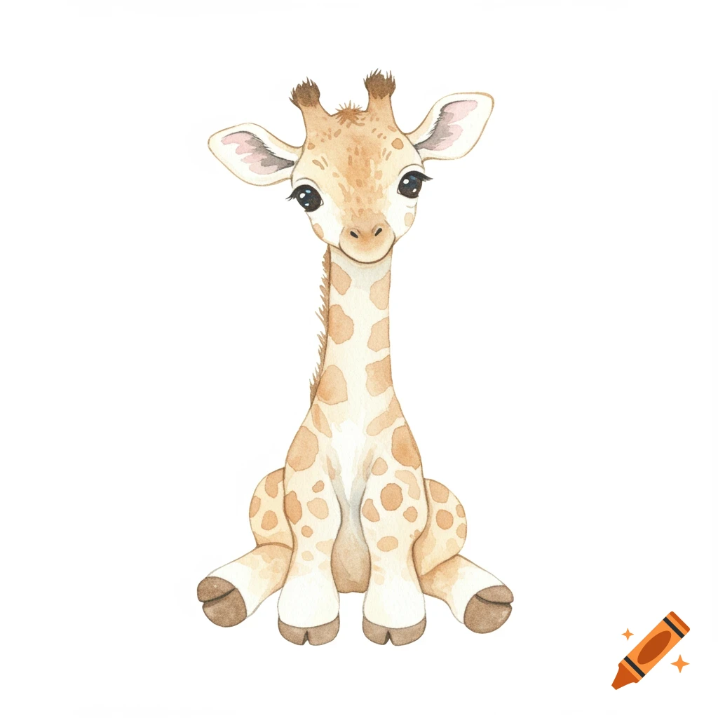 A cute watercolor painting of a baby giraffe with big eyes, sitting down, in soft beige and pastel colors on a white background, suitable for nursery decor.