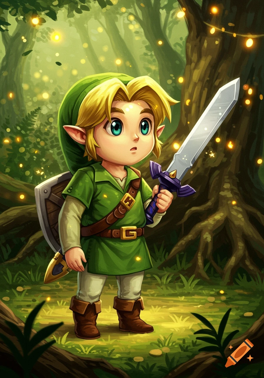Chibi Link from Zelda Ocarina of Time in a green tunic, holding a sword and shield, in a magical forest.