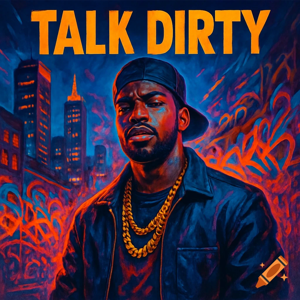 Stylized portrait of a man in a cap, leather jacket, and gold chains, with 'TALK DIRTY' text above a vibrant city and graffiti.