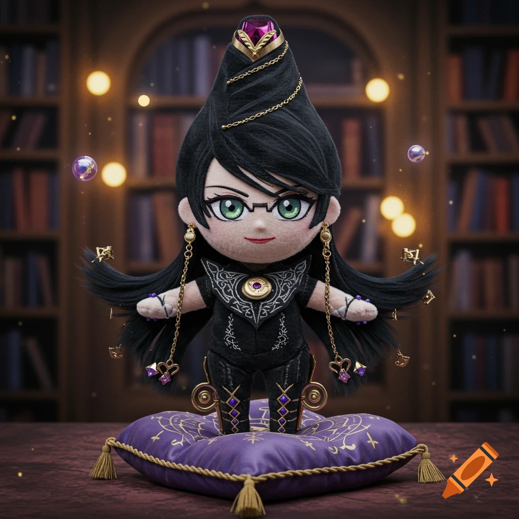 Chibi Bayonetta plush toy with black hair and glasses, standing on a purple cushion in a softly lit library.
