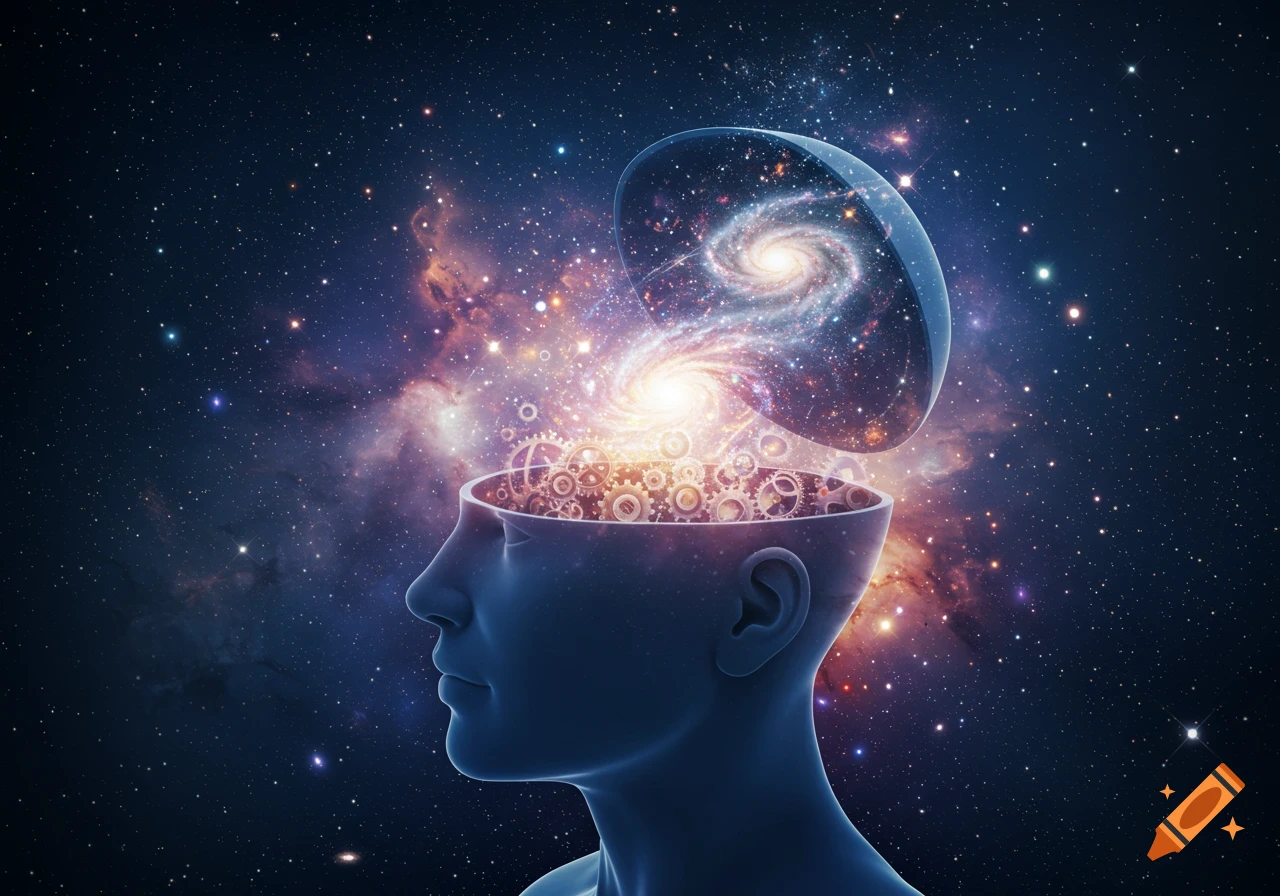 A conceptual image of a human head with the top open, revealing gears, a bright light, and a spiral galaxy inside, against a starry cosmic background.