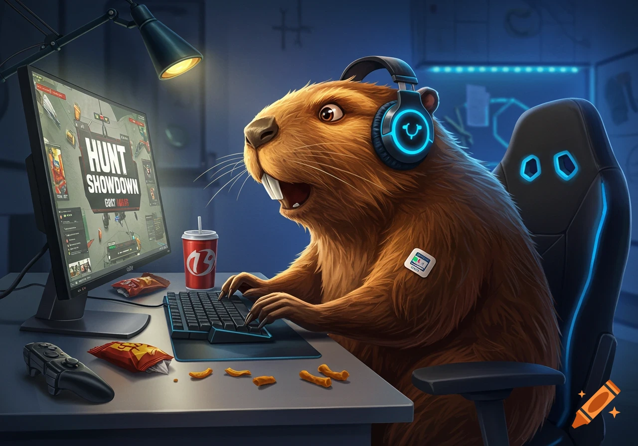 A cartoon beaver wearing a gaming headset plays 'Hunt Showdown' on a computer, with snacks and a soda on the desk.