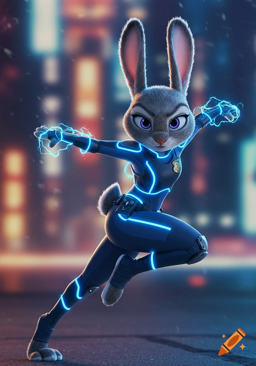 Judy Hopps in a sleek, dark blue superhero suit with glowing blue energy conduits, posing dynamically against a blurred city night background.